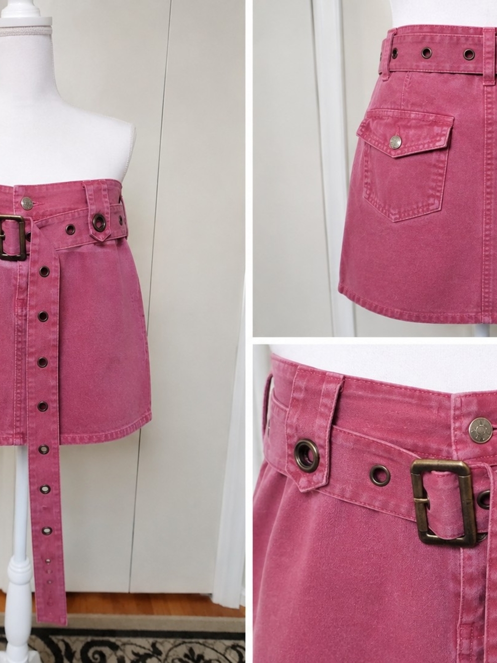 Roxy VintageY2K Pink Jean Mini Skirt With Grommet Belt Size 11